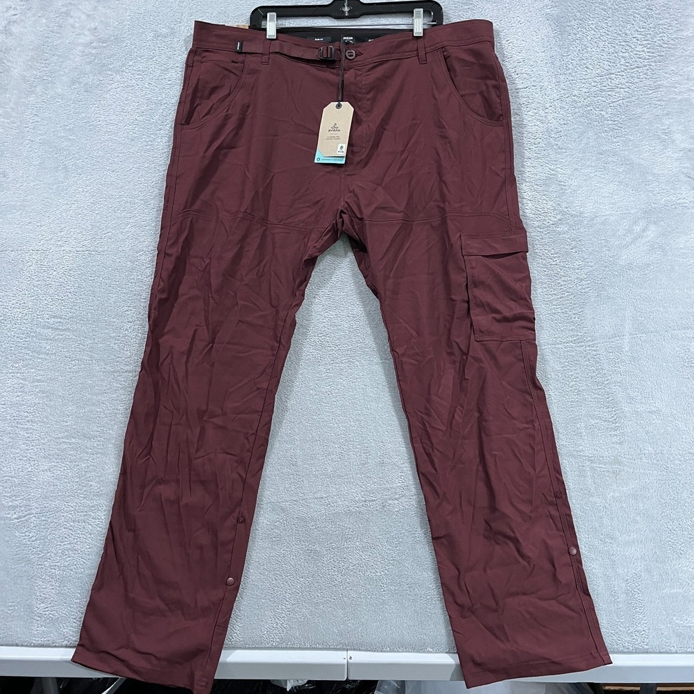PrAna Stretch Zion II Slim Pants Men 42x32 Cacao Burgundy Tapered Belted Roll Up